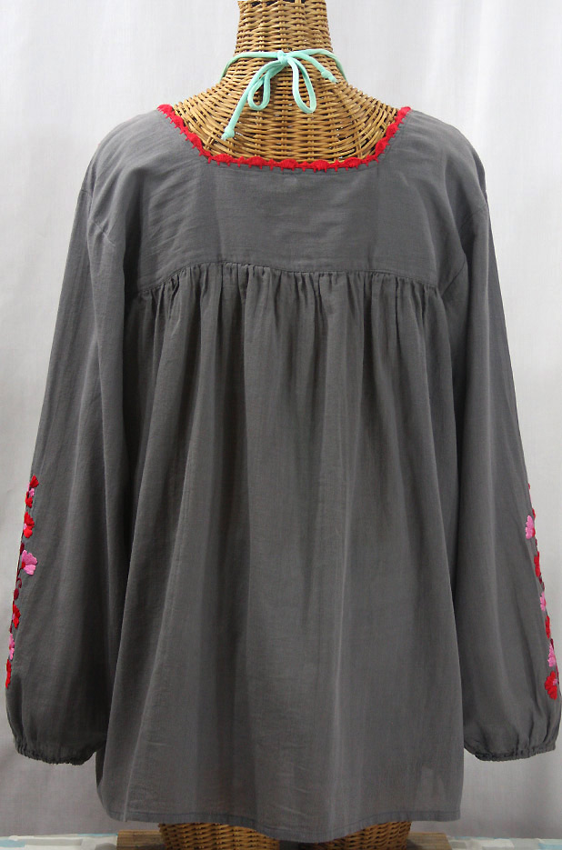 "La Marina Larga" Embroidered Long Sleeve Peasant Blouse - Medium Grey + Red Mix