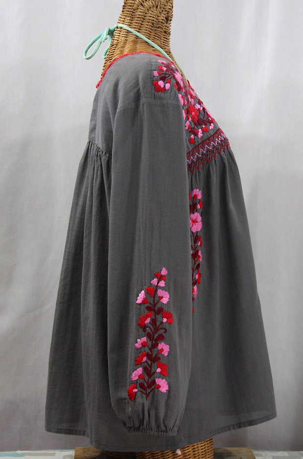"La Marina Larga" Embroidered Long Sleeve Peasant Blouse - Medium Grey + Red Mix