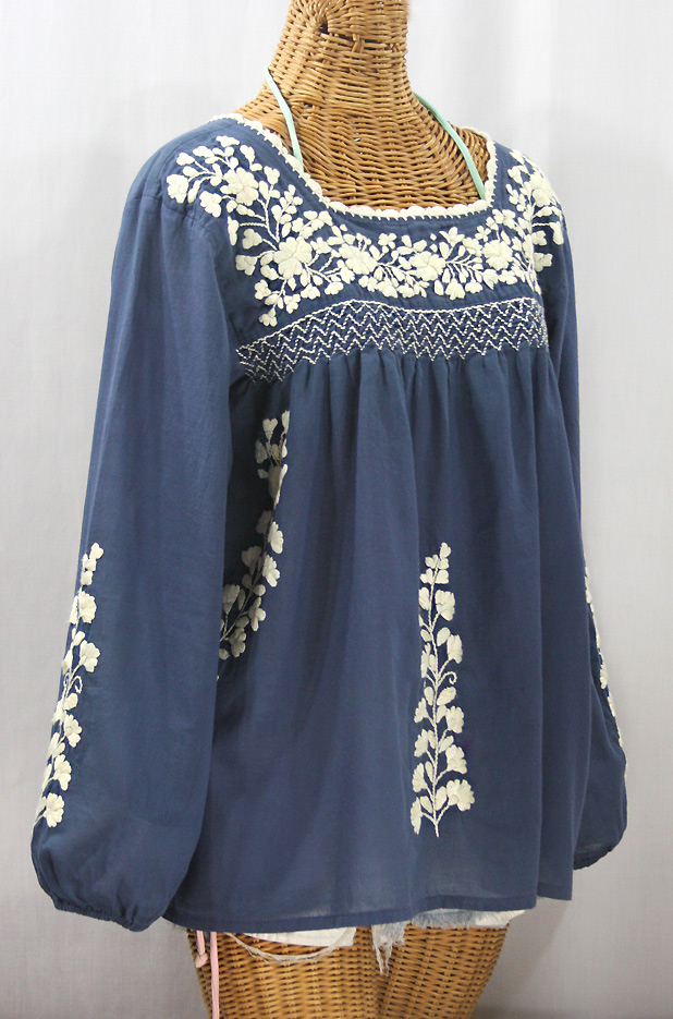 "La Marina Larga" Embroidered Long Sleeve Peasant Blouse - Navy + Cream