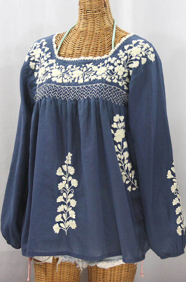 "La Marina Larga" Embroidered Long Sleeve Peasant Blouse - Navy + Cream