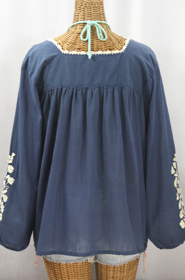 "La Marina Larga" Embroidered Long Sleeve Peasant Blouse - Navy + Cream