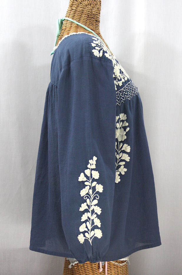 "La Marina Larga" Embroidered Long Sleeve Peasant Blouse - Navy + Cream