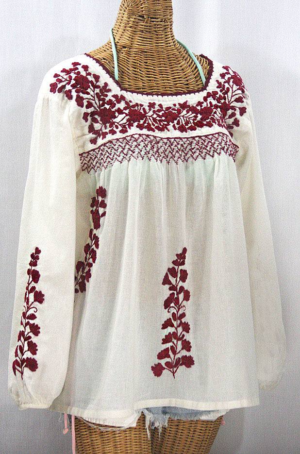 "La Marina Larga" Embroidered Long Sleeve Peasant Blouse - Off White + Burgundy