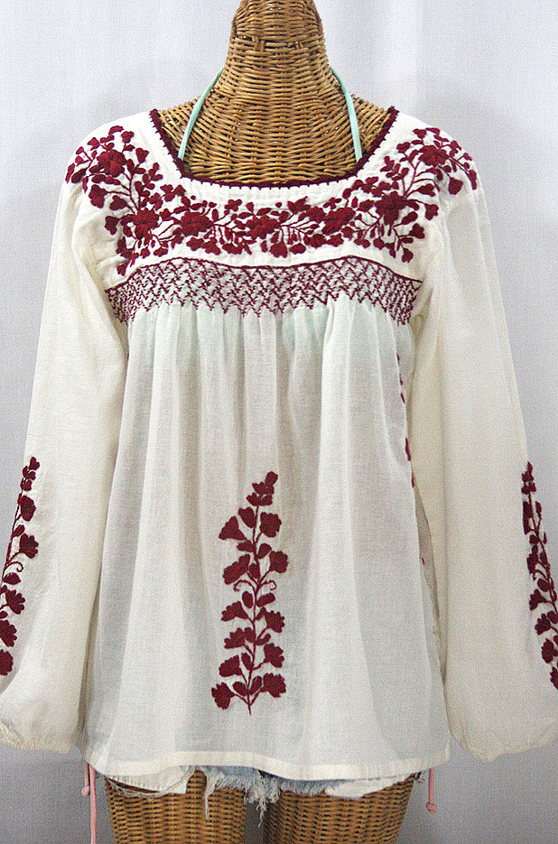 "La Marina Larga" Embroidered Long Sleeve Peasant Blouse - Off White + Burgundy