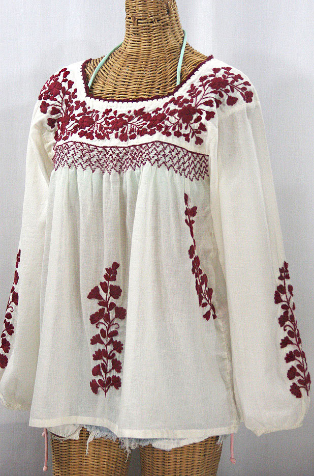 "La Marina Larga" Embroidered Long Sleeve Peasant Blouse - Off White + Burgundy