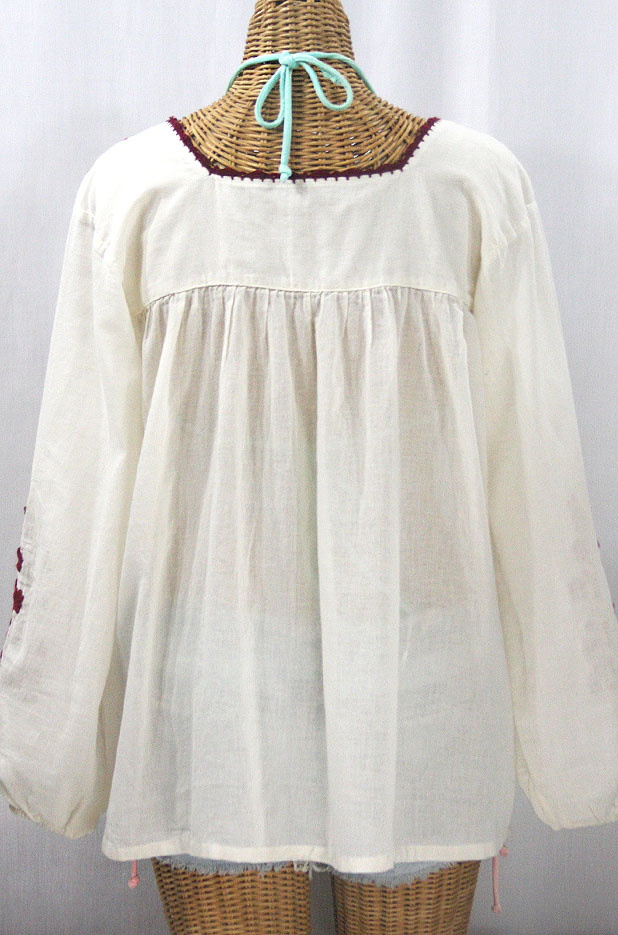 "La Marina Larga" Embroidered Long Sleeve Peasant Blouse - Off White + Burgundy