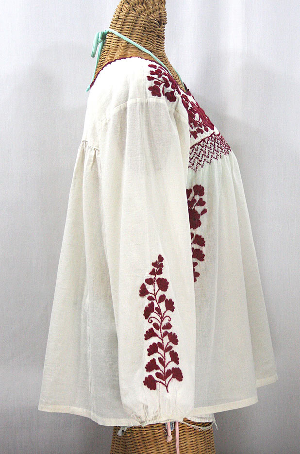 "La Marina Larga" Embroidered Long Sleeve Peasant Blouse - Off White + Burgundy