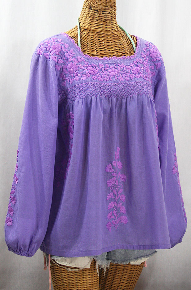 "La Marina Larga" Embroidered Long Sleeve Peasant Blouse - Light Purple + Purple