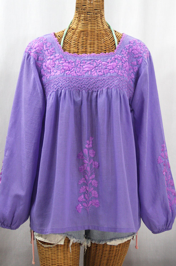 "La Marina Larga" Embroidered Long Sleeve Peasant Blouse - Light Purple + Purple