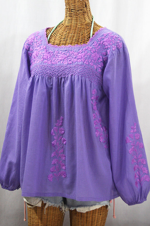 "La Marina Larga" Embroidered Long Sleeve Peasant Blouse - Light Purple + Purple