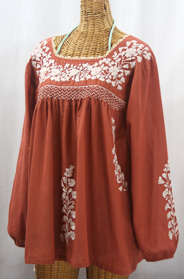 "La Marina Larga" Embroidered Long Sleeve Peasant Blouse - Terracotta + Cream