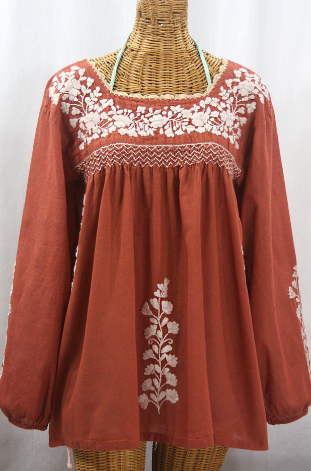 "La Marina Larga" Embroidered Long Sleeve Peasant Blouse - Terracotta + Cream