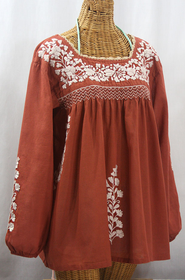 "La Marina Larga" Embroidered Long Sleeve Peasant Blouse - Terracotta + Cream