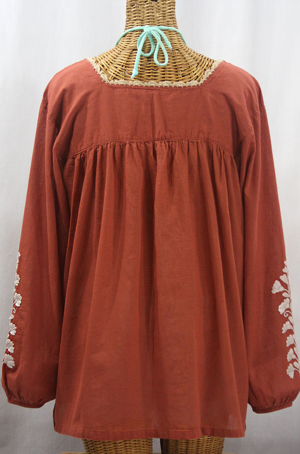 "La Marina Larga" Embroidered Long Sleeve Peasant Blouse - Terracotta + Cream