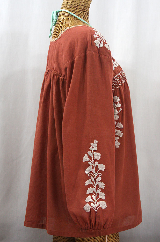 "La Marina Larga" Embroidered Long Sleeve Peasant Blouse - Terracotta + Cream