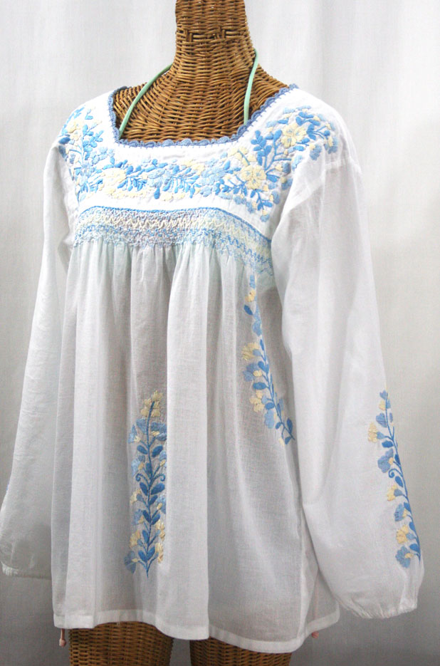 "La Marina Larga" Embroidered Long Sleeve Peasant Blouse - White + Blue Mix
