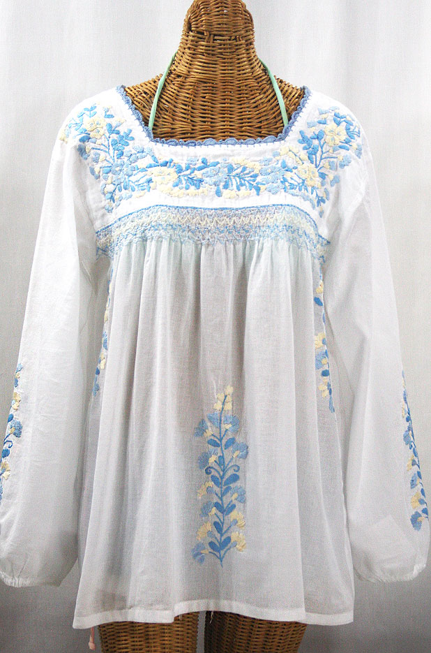 "La Marina Larga" Embroidered Long Sleeve Peasant Blouse - White + Blue Mix