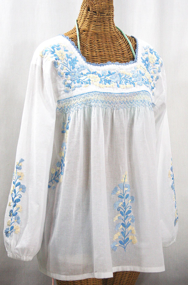 "La Marina Larga" Embroidered Long Sleeve Peasant Blouse - White + Blue Mix