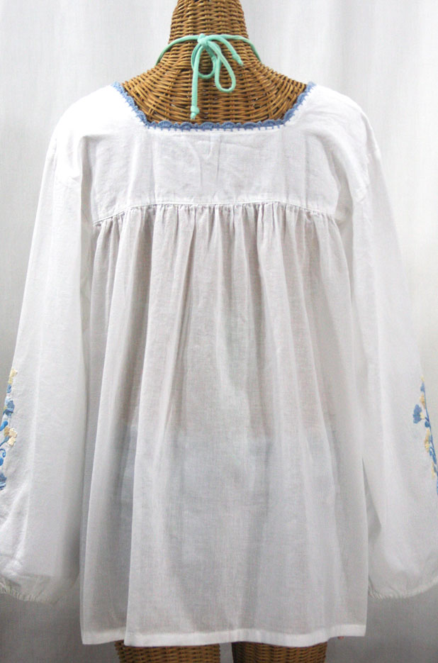 "La Marina Larga" Embroidered Long Sleeve Peasant Blouse - White + Blue Mix