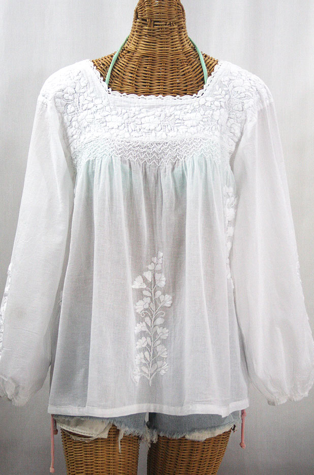 "La Marina Larga" Embroidered Long Sleeve Peasant Blouse - All White