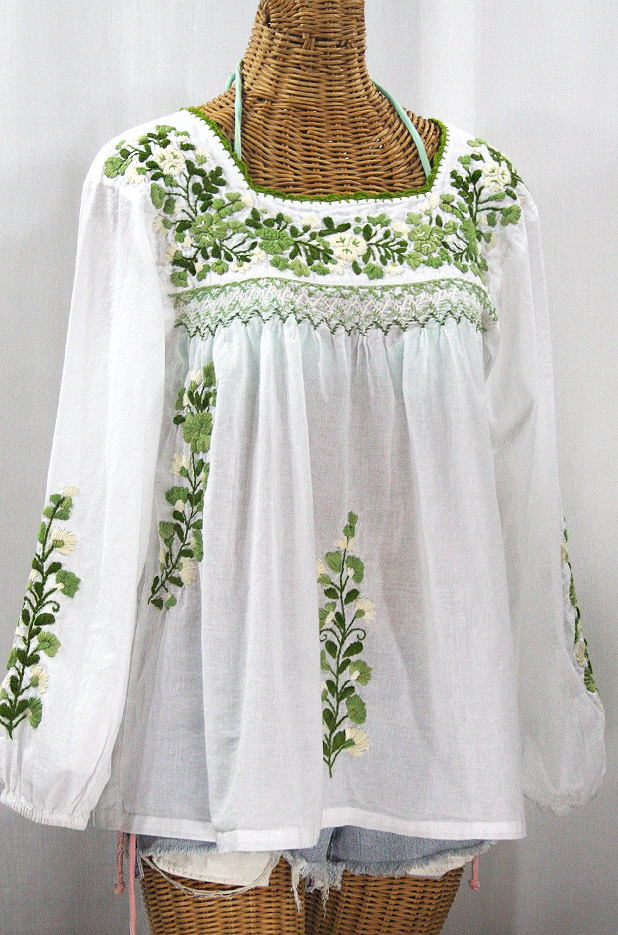 "La Marina Larga" Embroidered Long Sleeve Peasant Blouse - White + Green Mix