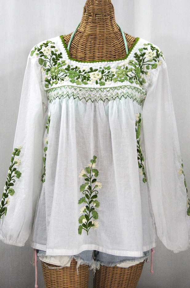 "La Marina Larga" Embroidered Long Sleeve Peasant Blouse - White + Green Mix