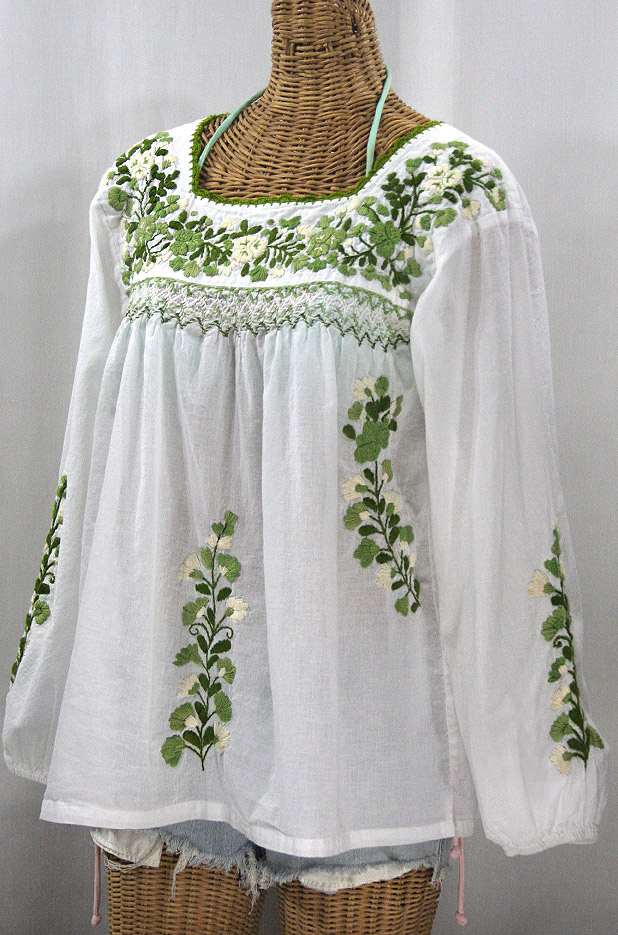 "La Marina Larga" Embroidered Long Sleeve Peasant Blouse - White + Green Mix