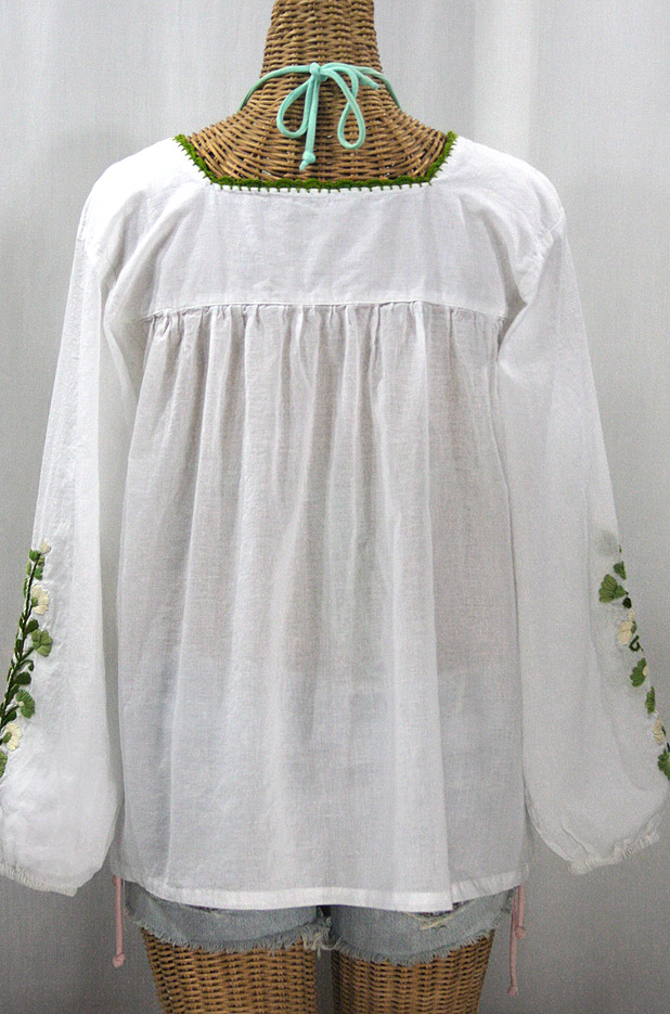 "La Marina Larga" Embroidered Long Sleeve Peasant Blouse - White + Green Mix