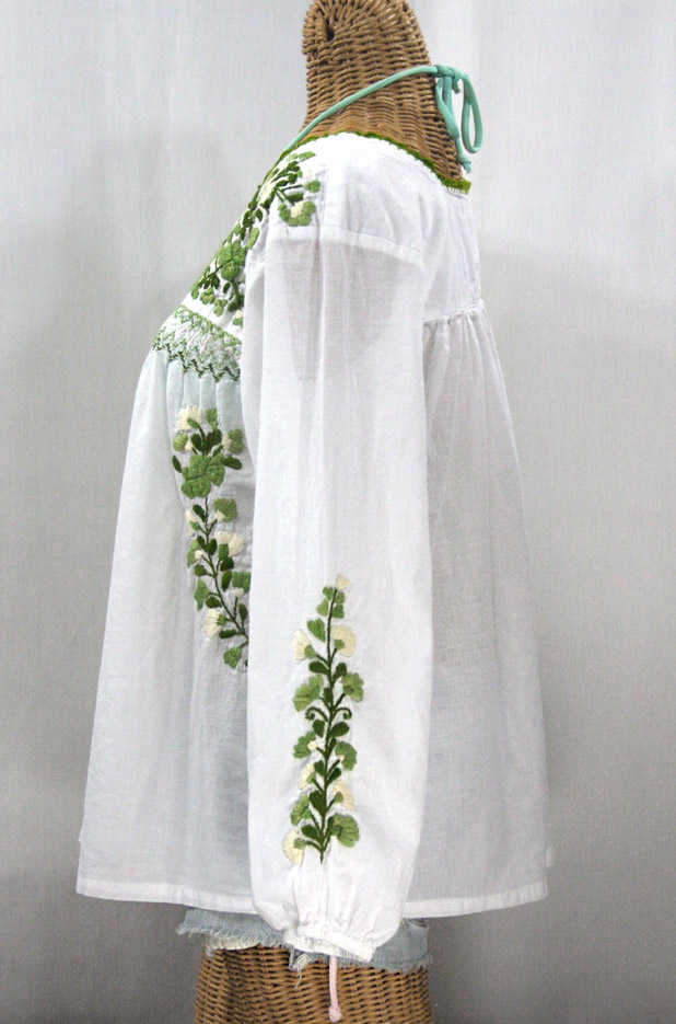 "La Marina Larga" Embroidered Long Sleeve Peasant Blouse - White + Green Mix