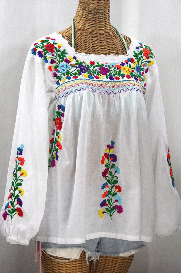 "La Marina Larga" Embroidered Long Sleeve Peasant Blouse - White + Rainbow + White Crochet