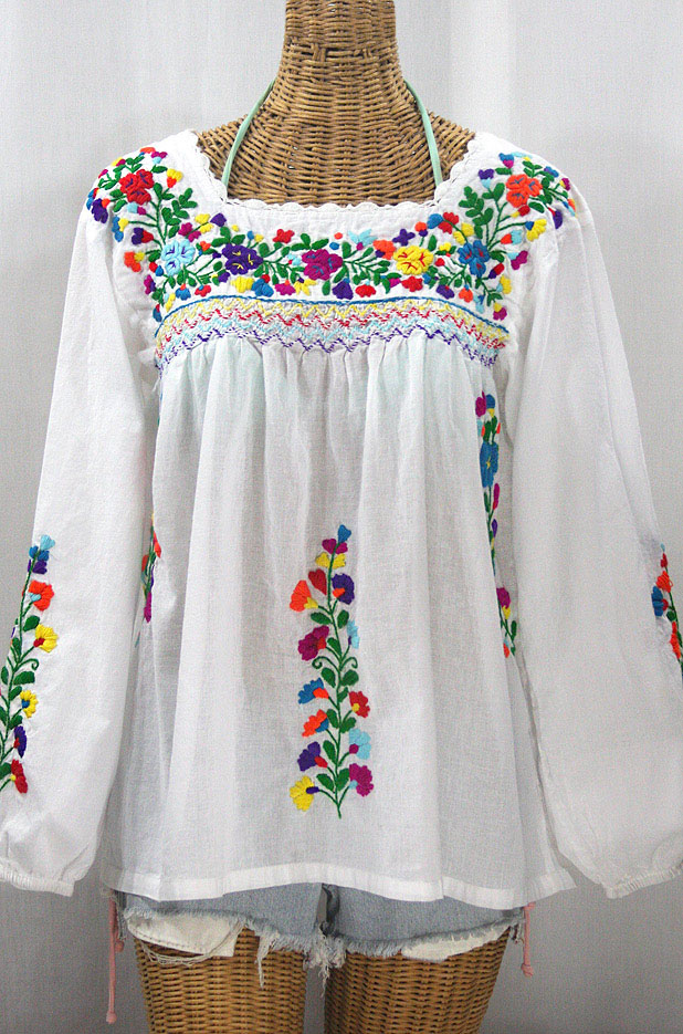 "La Marina Larga" Embroidered Long Sleeve Peasant Blouse - White + Rainbow + White Crochet