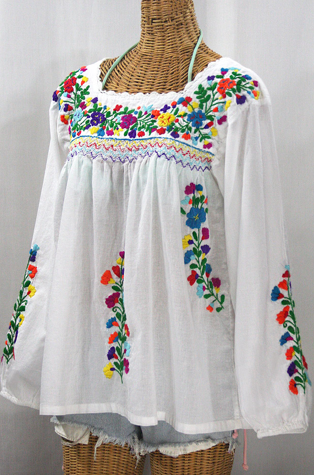 "La Marina Larga" Embroidered Long Sleeve Peasant Blouse - White + Rainbow + White Crochet