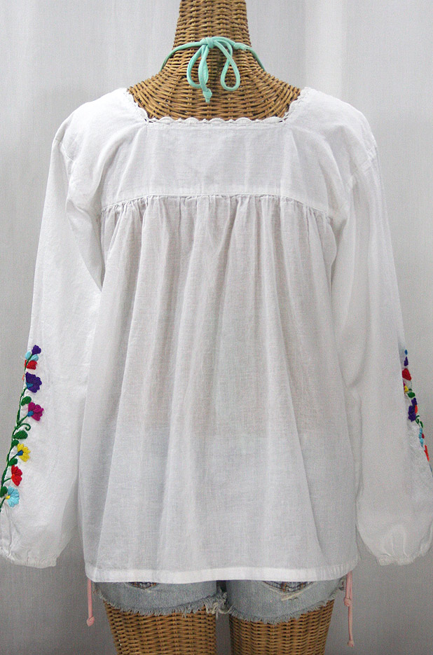 "La Marina Larga" Embroidered Long Sleeve Peasant Blouse - White + Rainbow + White Crochet