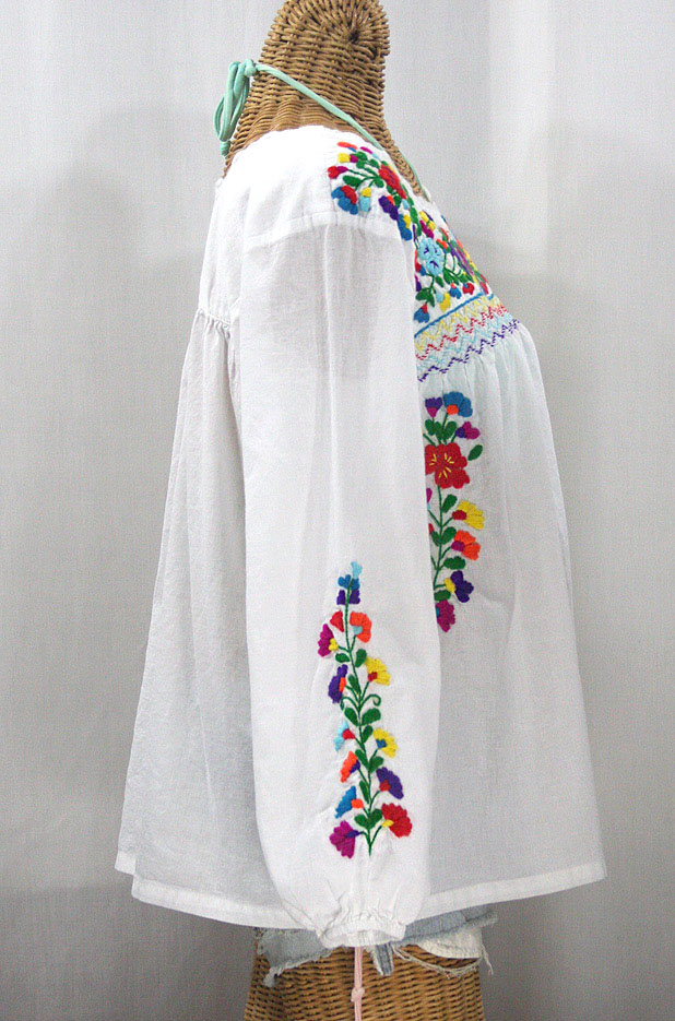 "La Marina Larga" Embroidered Long Sleeve Peasant Blouse - White + Rainbow + White Crochet