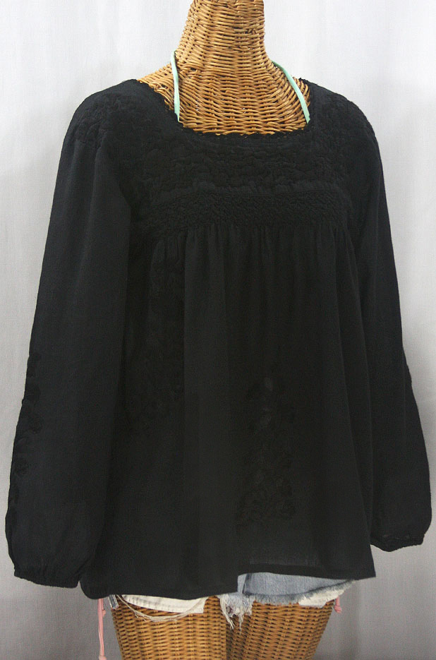 "La Marina Larga" Embroidered Long Sleeve Peasant Blouse - All Black