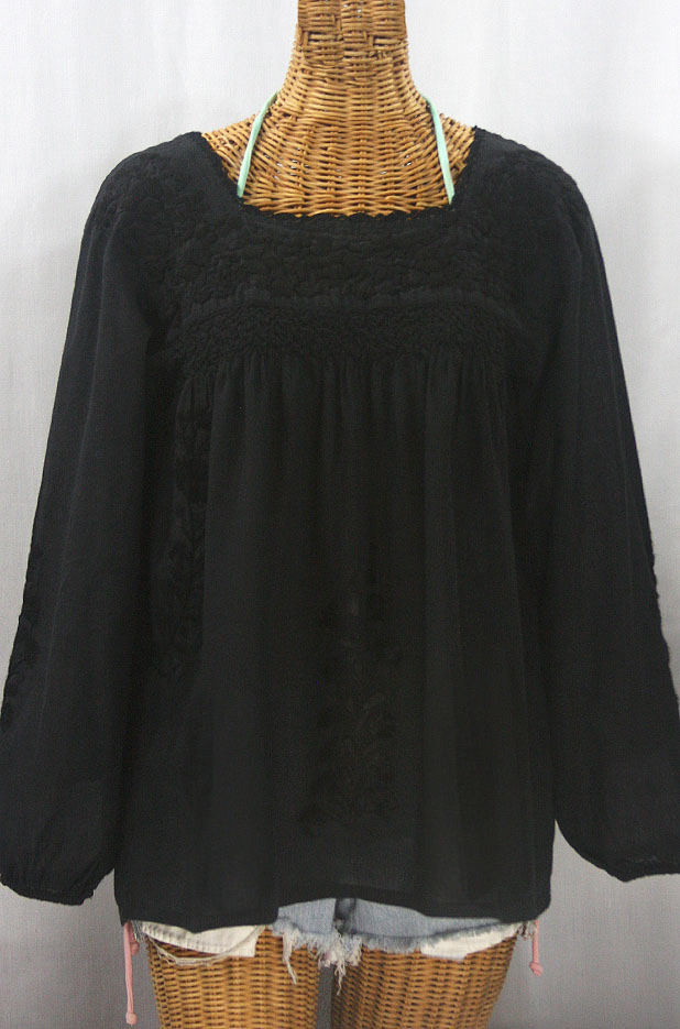 "La Marina Larga" Embroidered Long Sleeve Peasant Blouse - All Black