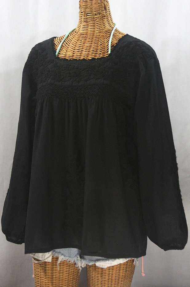 "La Marina Larga" Embroidered Long Sleeve Peasant Blouse - All Black