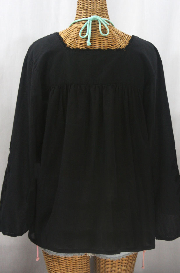 "La Marina Larga" Embroidered Long Sleeve Peasant Blouse - All Black