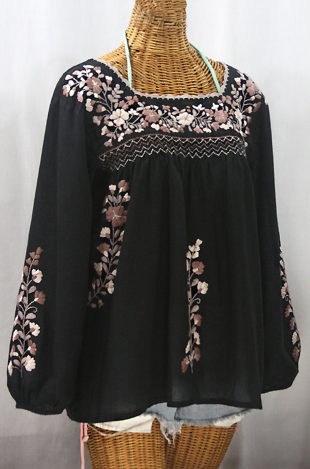 "La Marina Larga" Embroidered Long Sleeve Peasant Blouse - Black + Cocoa Mix