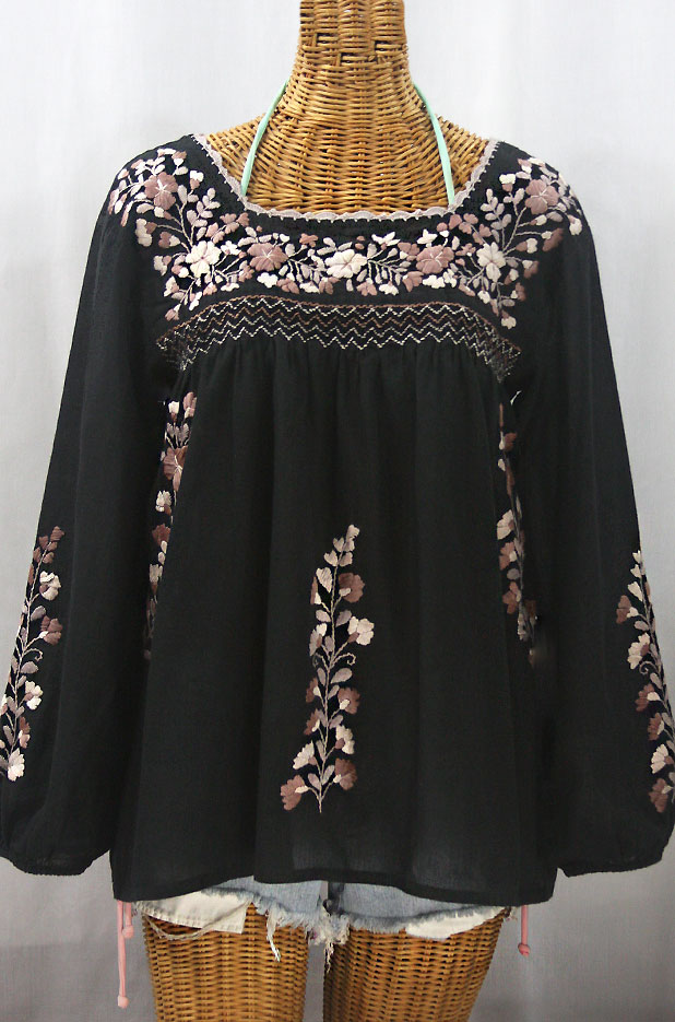 "La Marina Larga" Embroidered Long Sleeve Peasant Blouse - Black + Cocoa Mix