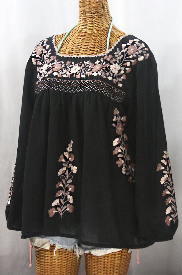 "La Marina Larga" Embroidered Long Sleeve Peasant Blouse - Black + Cocoa Mix