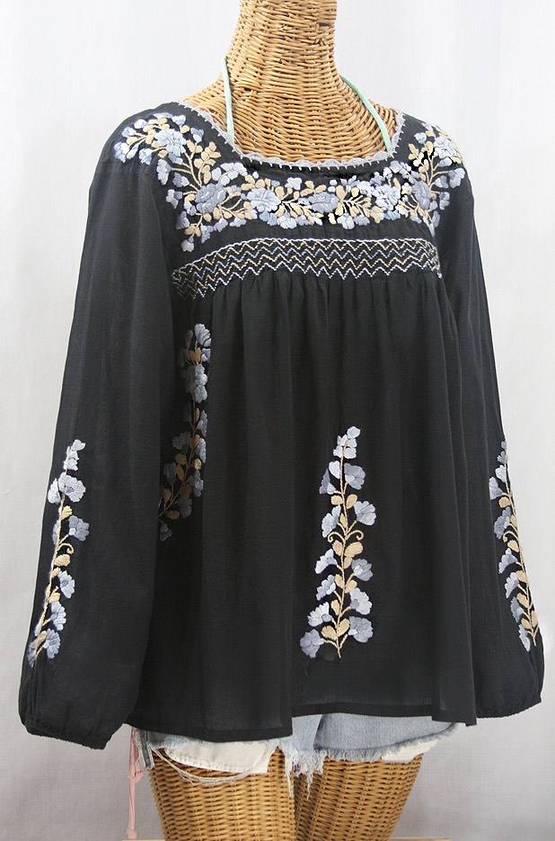 "La Marina Larga" Embroidered Long Sleeve Peasant Blouse - Black + Grey Mix