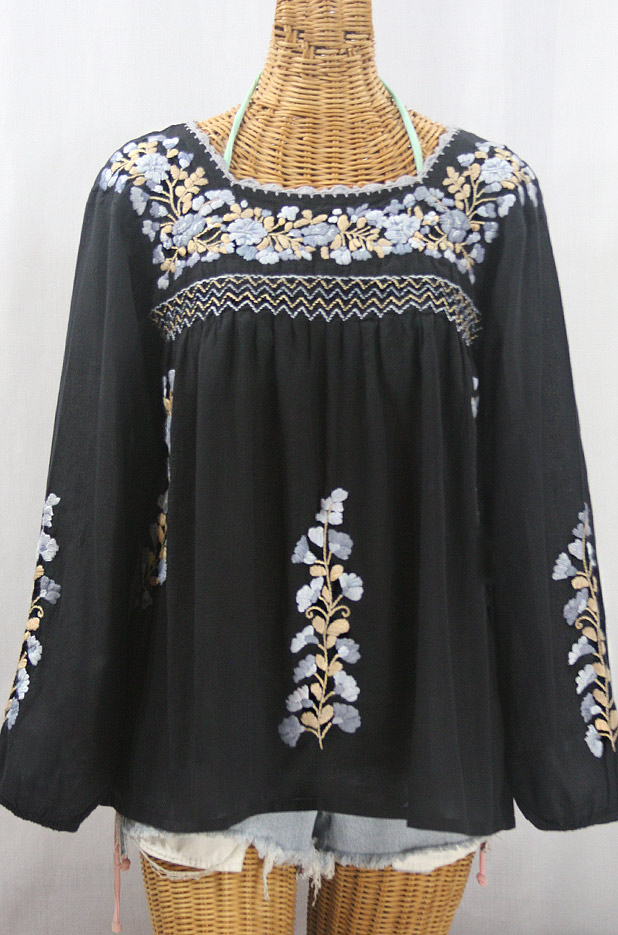 "La Marina Larga" Embroidered Long Sleeve Peasant Blouse - Black + Grey Mix