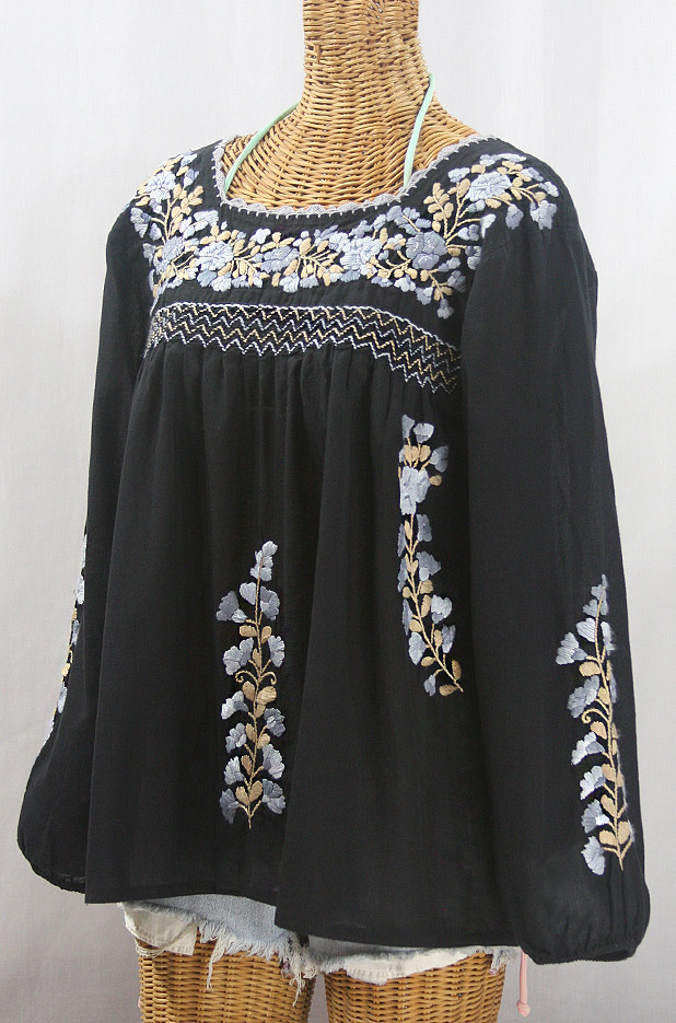 "La Marina Larga" Embroidered Long Sleeve Peasant Blouse - Black + Grey Mix