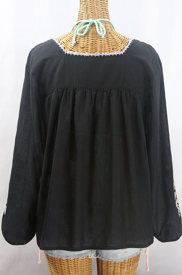 "La Marina Larga" Embroidered Long Sleeve Peasant Blouse - Black + Grey Mix