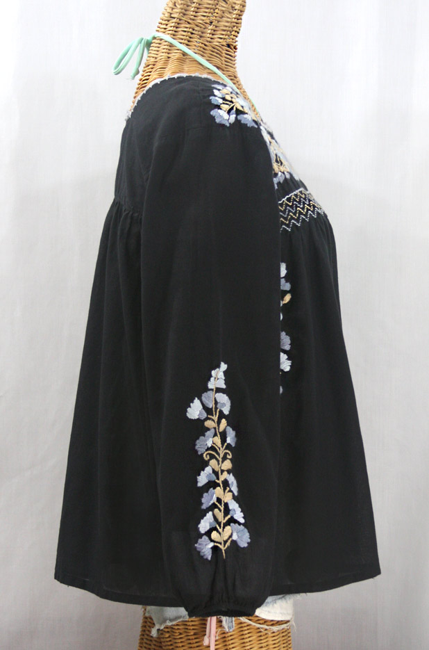 "La Marina Larga" Embroidered Long Sleeve Peasant Blouse - Black + Grey Mix