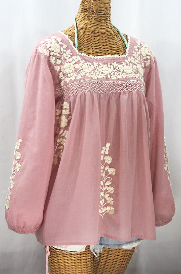 "La Marina Larga" Embroidered Long Sleeve Peasant Blouse - Dusty Light Pink + Cream