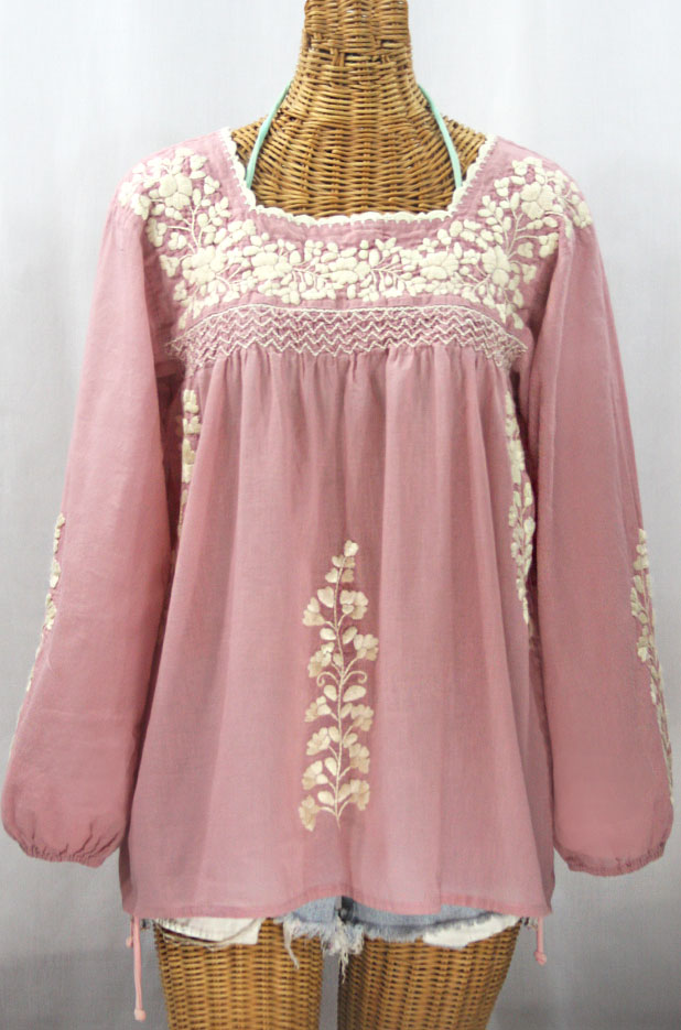 "La Marina Larga" Embroidered Long Sleeve Peasant Blouse - Dusty Light Pink + Cream