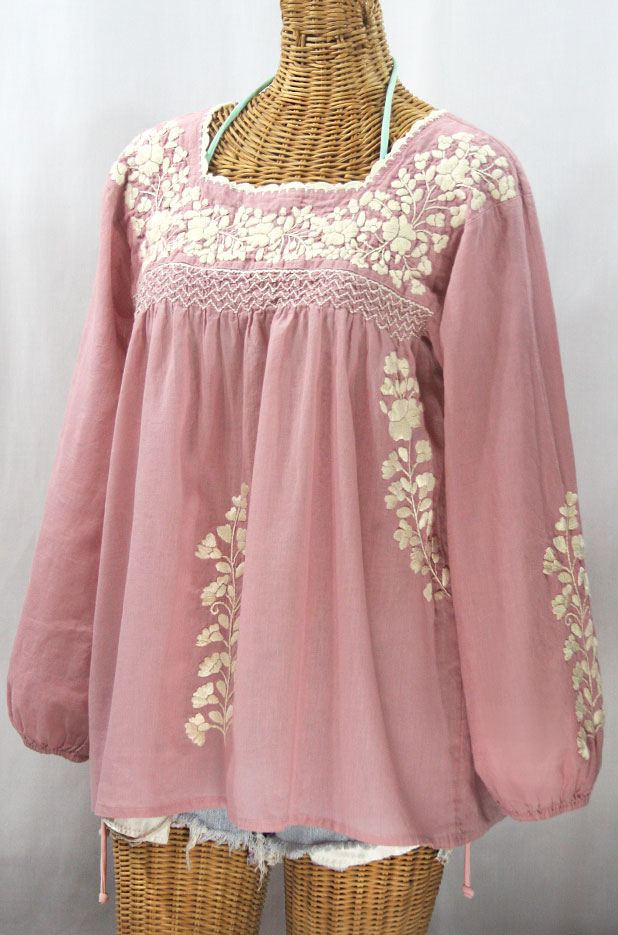 "La Marina Larga" Embroidered Long Sleeve Peasant Blouse - Dusty Light Pink + Cream