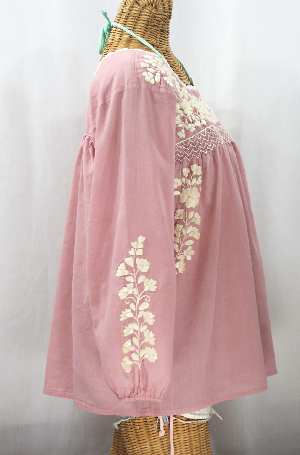 "La Marina Larga" Embroidered Long Sleeve Peasant Blouse - Dusty Light Pink + Cream